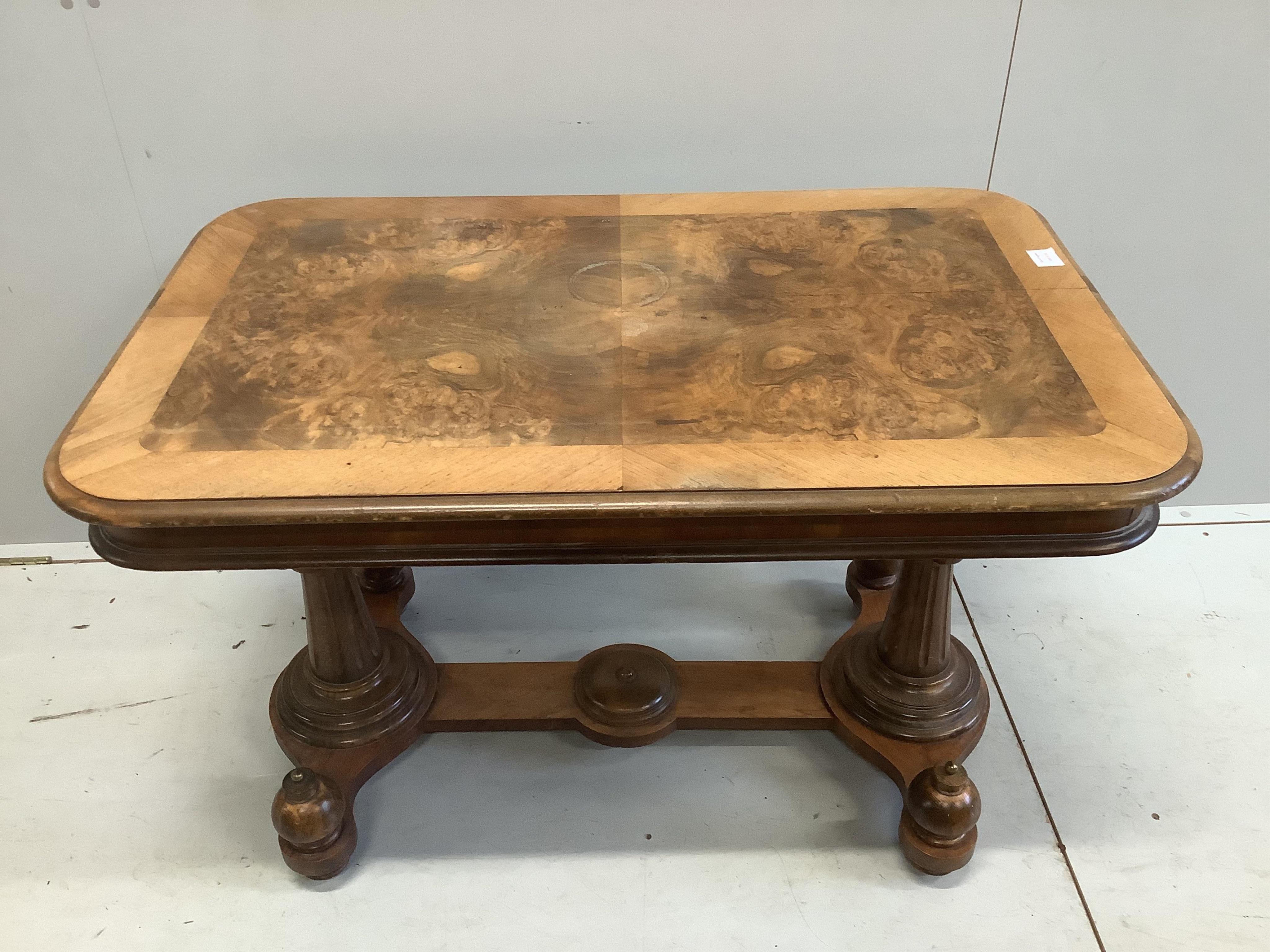 A Continental beech and burr walnut centre table, width 106cm, depth 66cm, height 66cm. Condition - fair